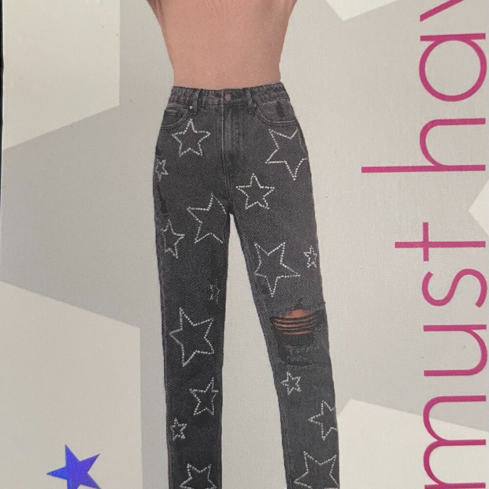 Simple Society Bling Acid Wash Super High Rise Black Straight Jean Size 00/23 - Picture 11 of 13
